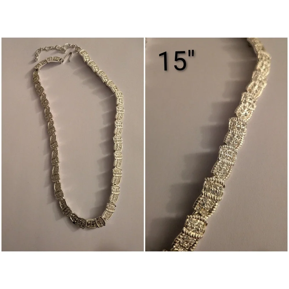 Vintage Silver Tone Rhinestone Textured Link Choker Necklace 15 Inch Adjustable